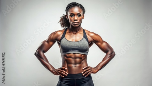 White background highlights muscular toned physique of African American female athlete in sportswear showcasing determination and confidence alone.