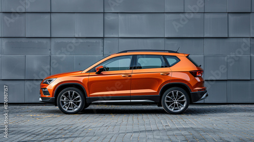 An orange SEAT Ateca crossover is parked in front of a gray wall. It's a compact SUV with a side profile view. The photo was taken in Hodosivka, Ukraine on November 09, 2017.