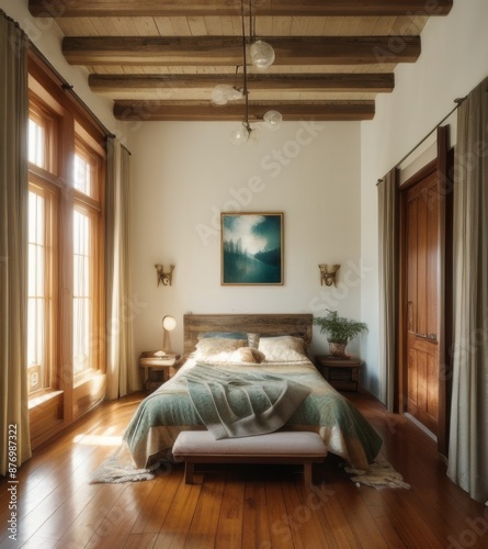A cozy and rustic bedroom with a warm and inviting atmosphere.  © MrMachyH