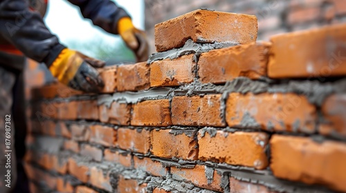 A construction worker's hands are placing a brick in position with fresh mortar on an under-construction wall, demonstrating the skill and expertise in bricklaying necessary for sturdy buildings. photo