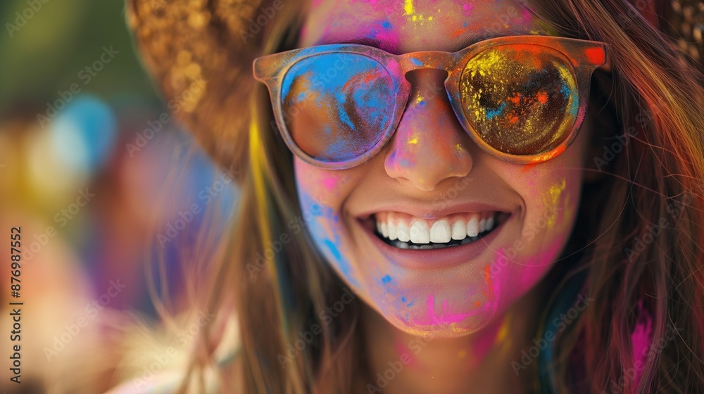Portrait of young woman wearing sunglasses celebrating summer Holi color festival with powder colours. Concept of Indian festival Holi. Portrait of young woman wearing sunglasses celebrating summer Holi color festival with powder colours. Concept of Indian festival Holi.