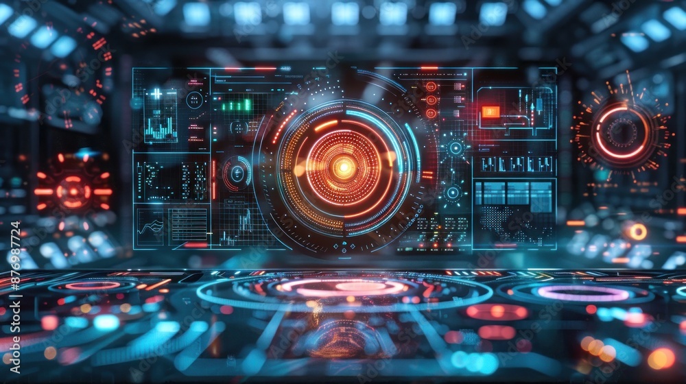 An abstract digital interface with holographic elements, depicting virtual reality and augmented reality concepts. High-tech data visualization in a minimalist style. An abstract digital interface with holographic elements, depicting virtual reality and augmented reality concepts. High-tech data visualization in a minimalist style.
