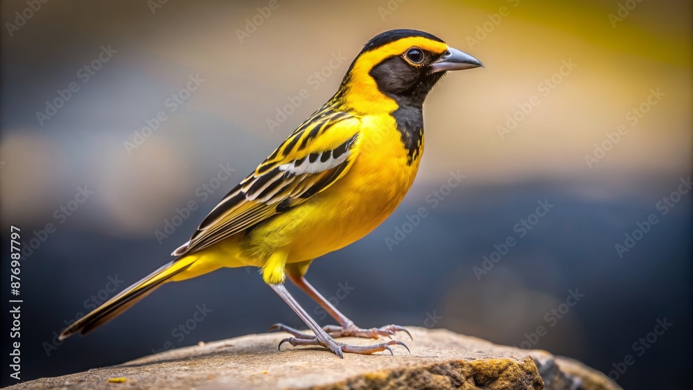 Vibrant yellow and black feathered bird with distinctive markings stands confidently on dark textured stone or metallic surface-alone in nature. Vibrant yellow and black feathered bird with distinctive markings stands confidently on dark textured stone or metallic surface-alone in nature.
