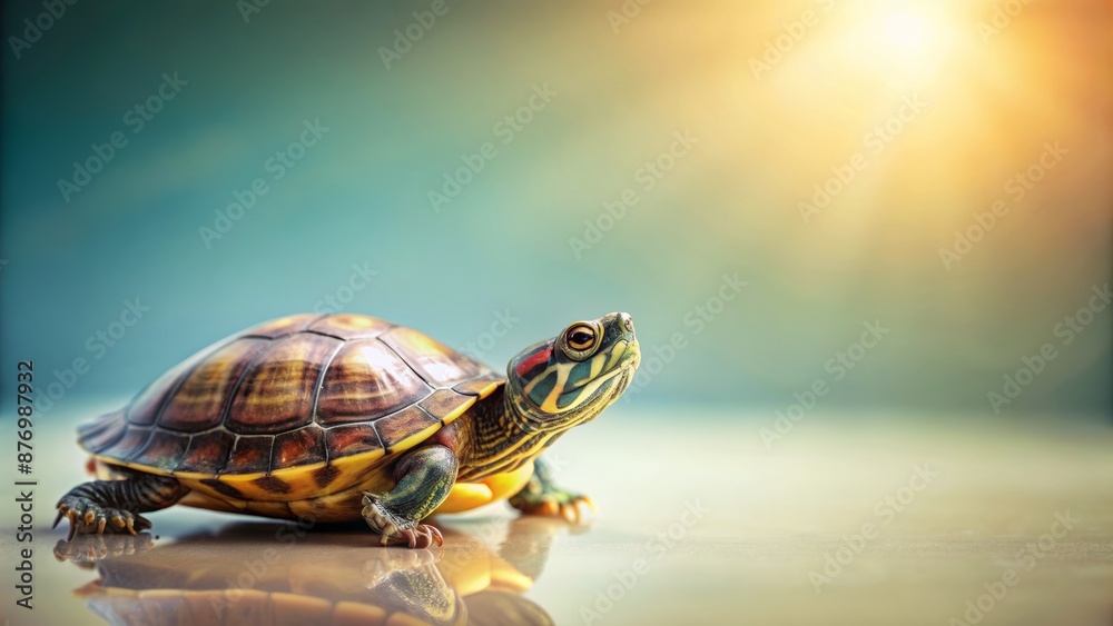 Obraz premium Adorable turtle perched on soft, gradient background with ample whitespace, perfect for textual overlays or design elements insertion.