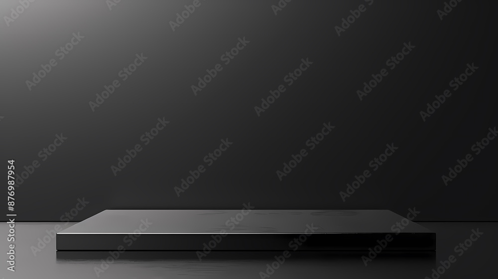 Sleek black minimalist podium against a dark backdrop for product display or presentation. Sleek black minimalist podium against a dark backdrop for product display or presentation.