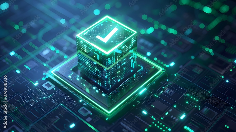 Futuristic digital cube with a checkmark symbolizing data security and technology on a circuit board background with neon green lights. Futuristic digital cube with a checkmark symbolizing data security and technology on a circuit board background with neon green lights.