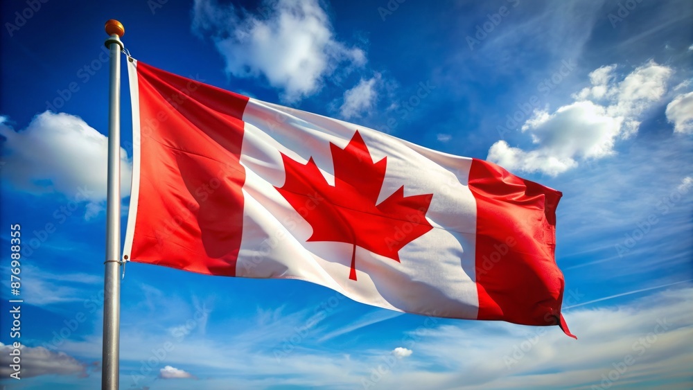 Naklejka premium Vibrant red maple leaf flag of Canada waving proudly in the wind against a bright blue sky with subtle border.