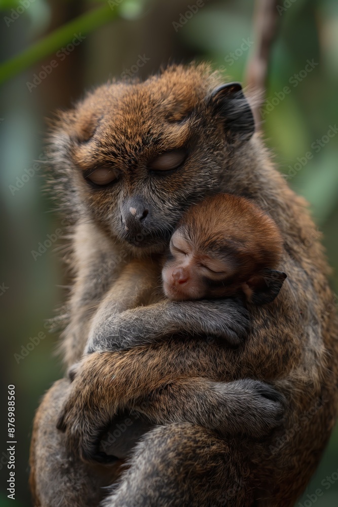 A mother monkey embraces her baby in the wildlife, surrounded by nature's beauty and lush greenery. A mother monkey embraces her baby in the wildlife, surrounded by nature's beauty and lush greenery.