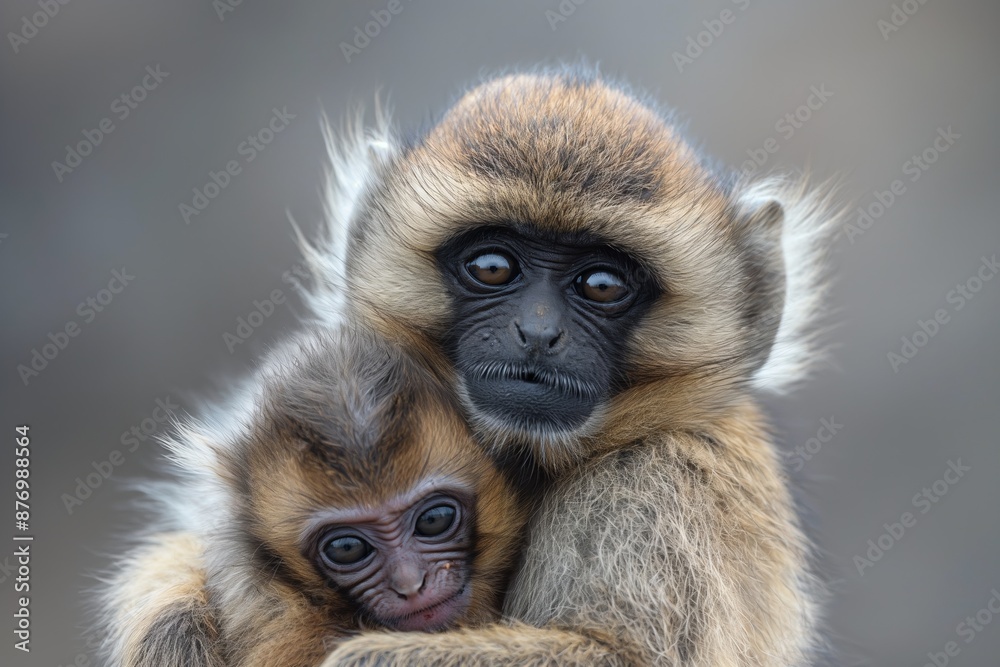 Obraz premium A cute baby langur monkey sitting on a tree branch, hugged by its mother in the forest.