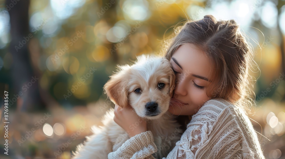A young girl is shown affectionately hugging a fluffy white dog in an outdoor setting, with a beautiful autumn backdrop full of warm, golden hues and soft sunlight. A young girl is shown affectionately hugging a fluffy white dog in an outdoor setting, with a beautiful autumn backdrop full of warm, golden hues and soft sunlight.