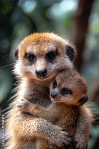 A curious meerkat mother and baby, standing guard in the African wilderness, their watchful eyes alert. photo