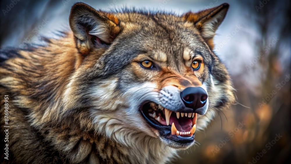 Obraz premium Fierce predator showcases razor-sharp teeth in a menacing snarl, capturing the raw intensity of the wild canine's powerful jaws.