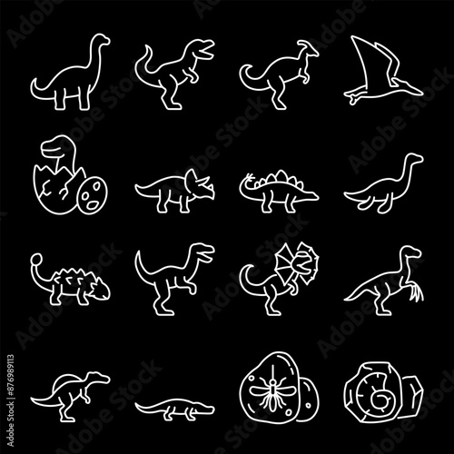 Dinosaurs icons set. Lizards of ancient times, linear icon collection. Reptiles of Mesozoic era. Tyrannosaurus, sauropod, velociraptor, stegosaurus, triceratops etc. Line with editable stroke