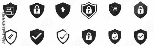  black and white security icons on an isolated background, a shield with a lock symbol as part of a vector set collection of modern simple design elements for web or mobile app use