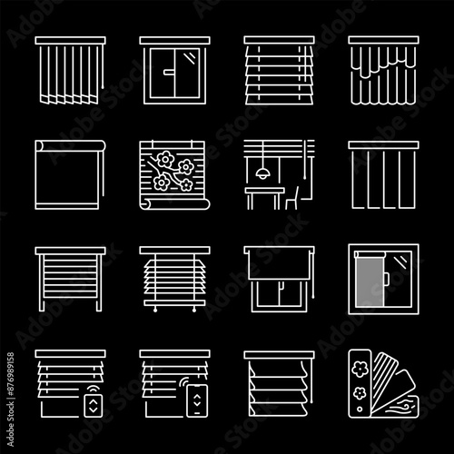 Window blinds icons set. Statutory different types of blinds, linear icon collection. Line with editable stroke