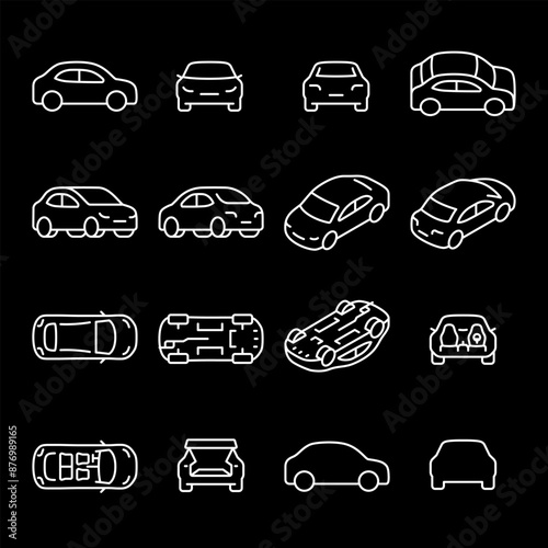 Car icons set. The car from different sides. Side view, back, front, bottom, inside. linear icon collection. Line with editable stroke