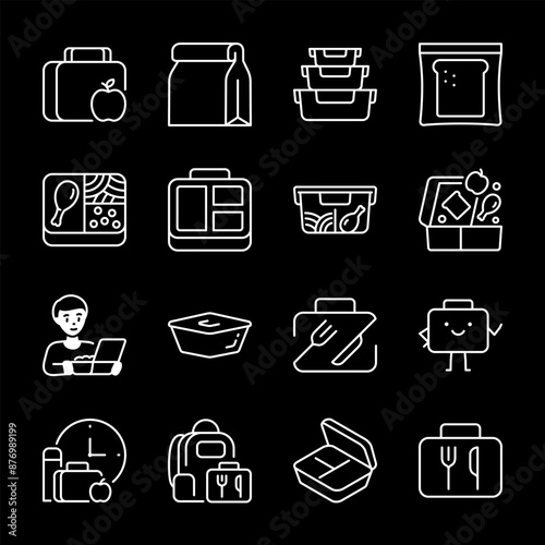 Food in a container icons set. Breakfast, lunch to go. Meals to go. A set of rations for school or work, linear icon collection. Line with editable stroke