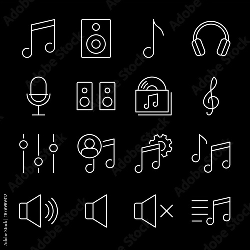 Music, white line icons. Playing and listening to music, instruments and notes. Ideal for entertainment and cultural themes. Symbols on black background. Editable stroke.