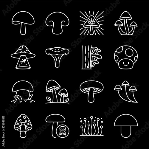 Mushrooms, white line icons. Different types of mushrooms. Perfect for botanical and culinary themes. Symbols on black background. Editable stroke.