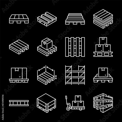 Pallets, white line icons. Storage pallets for industrial production and company logistics. Ideal for supply chain and warehouse themes. Symbols on black background. Editable stroke.