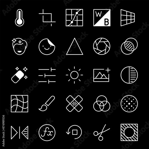 Image editing, white line icons. Graphic editing tools for images, ideal for software and creative projects. Symbols on black background. Editable stroke.