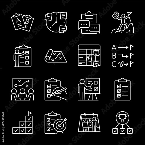Planning and productivity, white line icons. Step-by-step goal achievement, checklists, task prioritization. Essential for business, personal development visuals. black background. Editable stroke.