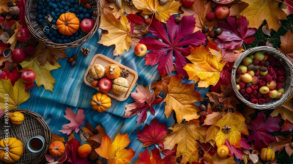 Fototapeta premium A table covered in autumn leaves and fruit 