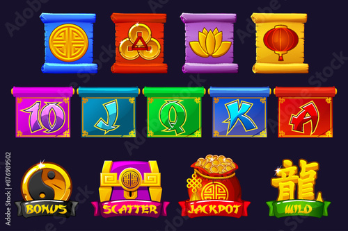 A complete set of symbols for the Chinese slot game. Jackpot, bonus, wild and scatter symbols. Colored Chinese Icons for Game Development