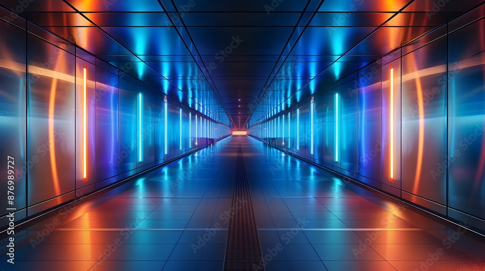 A long, empty hallway with neon lights on the walls A long, empty hallway with neon lights on the walls