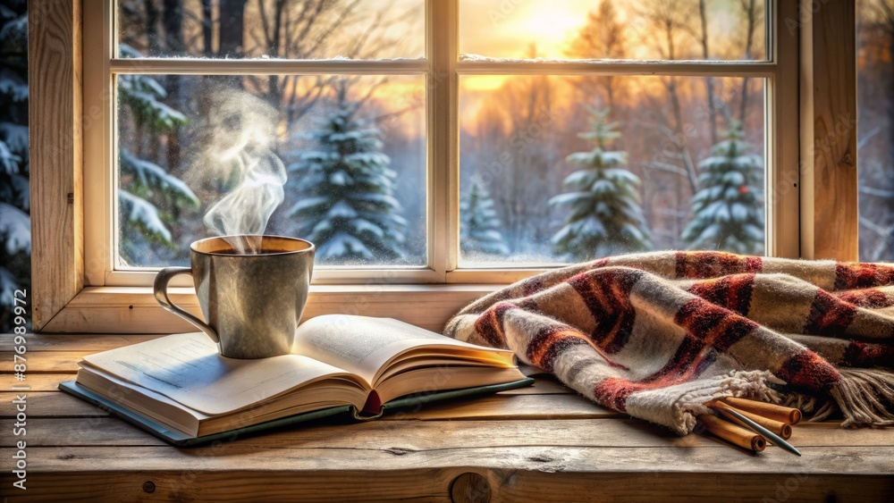 Serene winter scene featuring steaming cup of hot tea and open book on vintage windowsill beneath cozy plaid blanket backdrop.