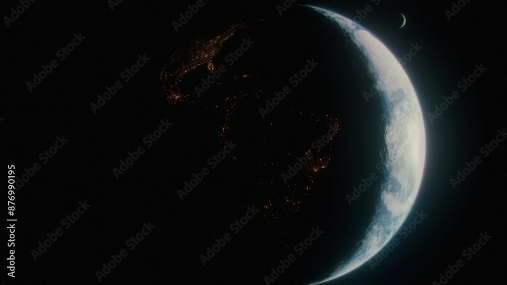 Vue de la Terre en rotation depuis l'espace avec la Lune en arrière plan, 4K 60 images par seconde