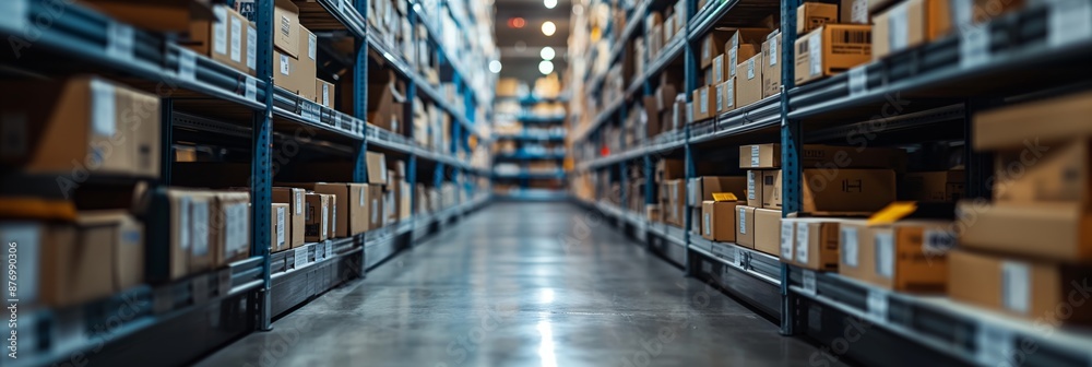 Inside the industrial warehouse, shelves and racks house merchandise, facilitating storage and distribution for the business. Inside the industrial warehouse, shelves and racks house merchandise, facilitating storage and distribution for the business.
