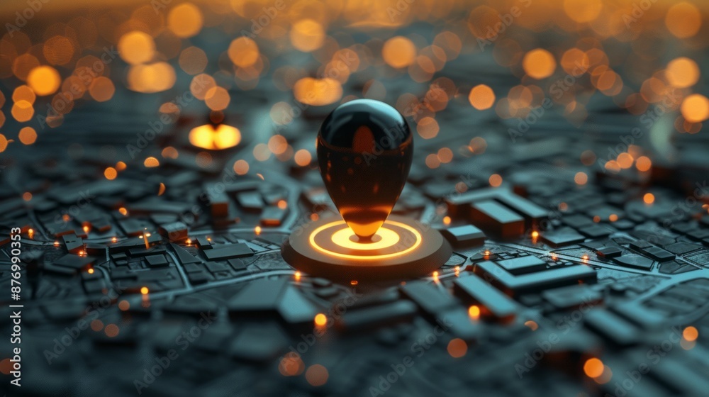 Location pin on city map. Abstract city map with a glowing location pin ...