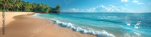 A paradise resort on a sandy beach with turquoise waters, palm trees, and sunny skies.