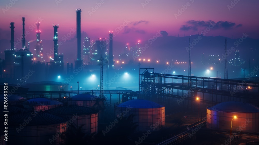 Night View of Industrial Site with Gas Storage Tanks and Oil Tight Lights Night View of Industrial Site with Gas Storage Tanks and Oil Tight Lights