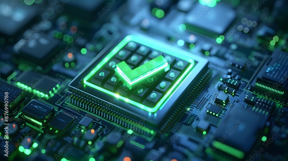 Futuristic microchip with a green checkmark illuminated, symbolizing advanced technology and successful operations. Futuristic microchip with a green checkmark illuminated, symbolizing advanced technology and successful operations.