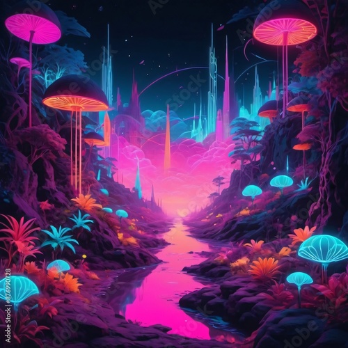 a dreamscape filled with neon colors and glowing patterns  photo