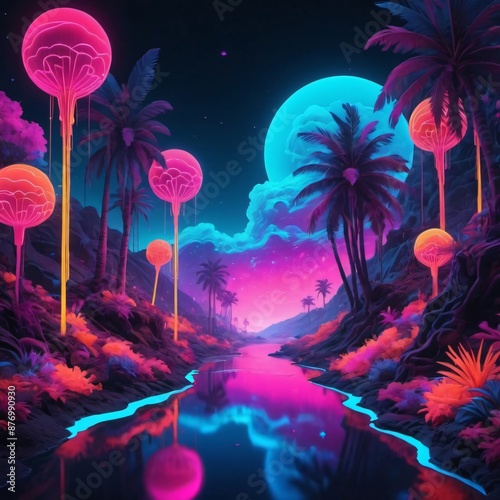 a dreamscape filled with neon colors and glowing patterns  photo