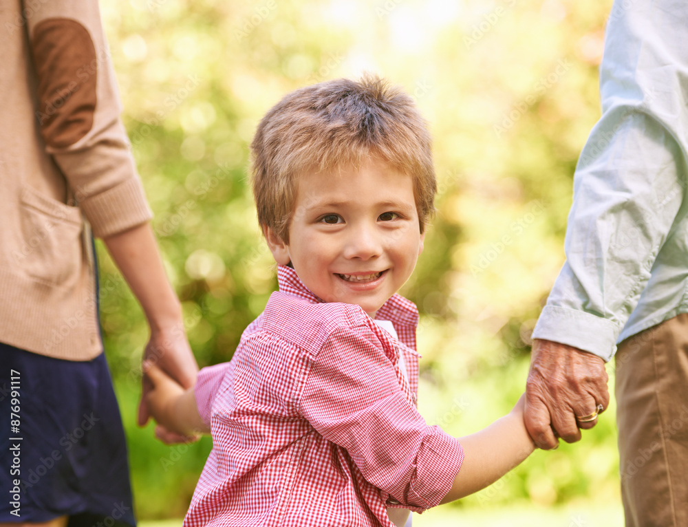 Holding hands, portrait and kid with family in outdoor park for adventure, bonding and relax together. Happiness, face and young child for support, holiday vacation or morning walk in nature. Holding hands, portrait and kid with family in outdoor park for adventure, bonding and relax together. Happiness, face and young child for support, holiday vacation or morning walk in nature.