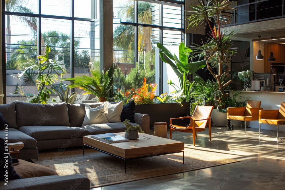 office warm design with large windows letting in soft, natural light office warm design with large windows letting in soft, natural light