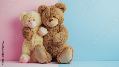 Brown teddy bear mother hugging her baby isolated on pink and blue background © Emma