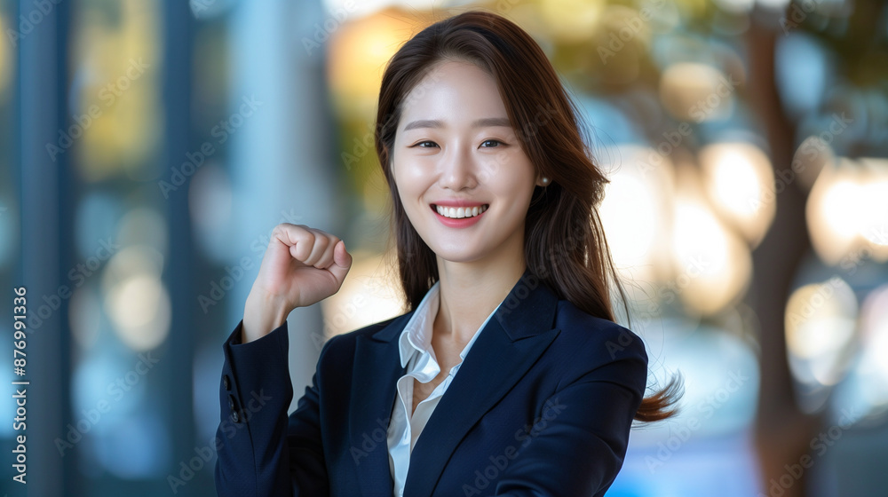 Korean businesswoman feeling happy and rise fist Korean businesswoman feeling happy and rise fist