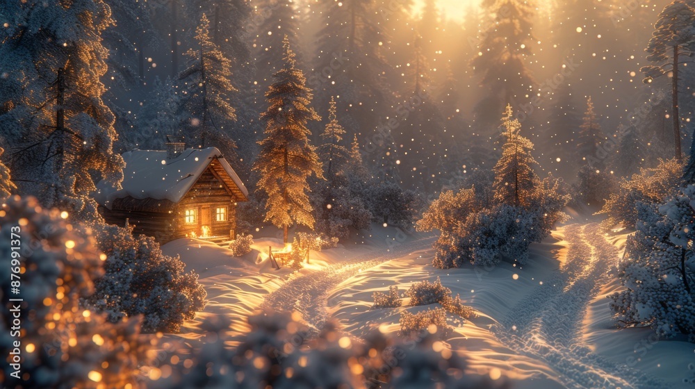 Naklejka premium Cozy Winter Cabin in a Snowy Forest - Generative AI