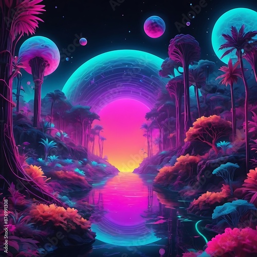 a dreamscape filled with neon colors and glowing patterns  photo