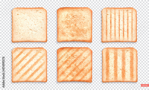 Set of sliced Toast Bread slices isolated on transparent background. Pieces of lightly toasted white bread. Close-up of toast. Top view. Realistic vector set