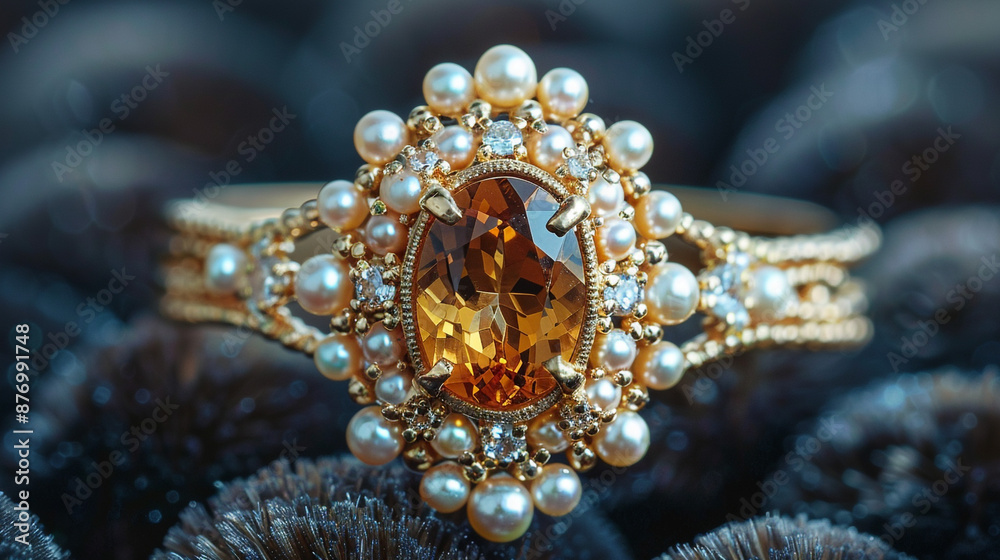An elegant gold ring adorned with a bright citrine and tiny pearls, displayed on a dark velvet background. An elegant gold ring adorned with a bright citrine and tiny pearls, displayed on a dark velvet background.