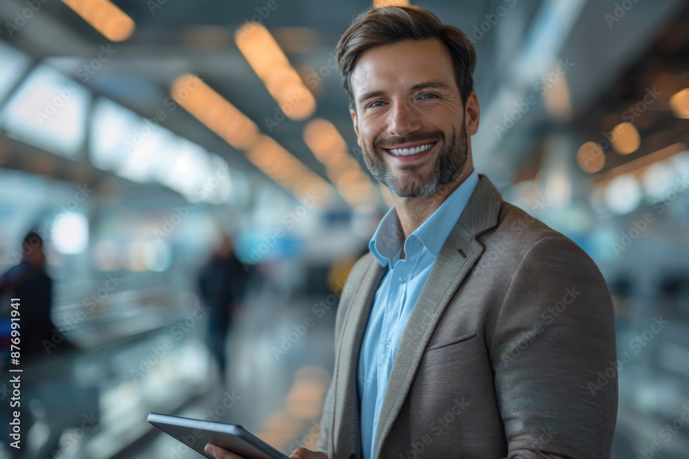 Smiling Businessman in Airport Terminal Melding Business and Travel, Staying Connected with Digital Tablet. Smiling Businessman in Airport Terminal Melding Business and Travel, Staying Connected with Digital Tablet.
