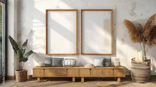 A beautifully designed bohemian-styled living room showcases two large, blank frames on a wall, with earthy furniture, neutral tones, and cozy textures creating a comfortable space. photo