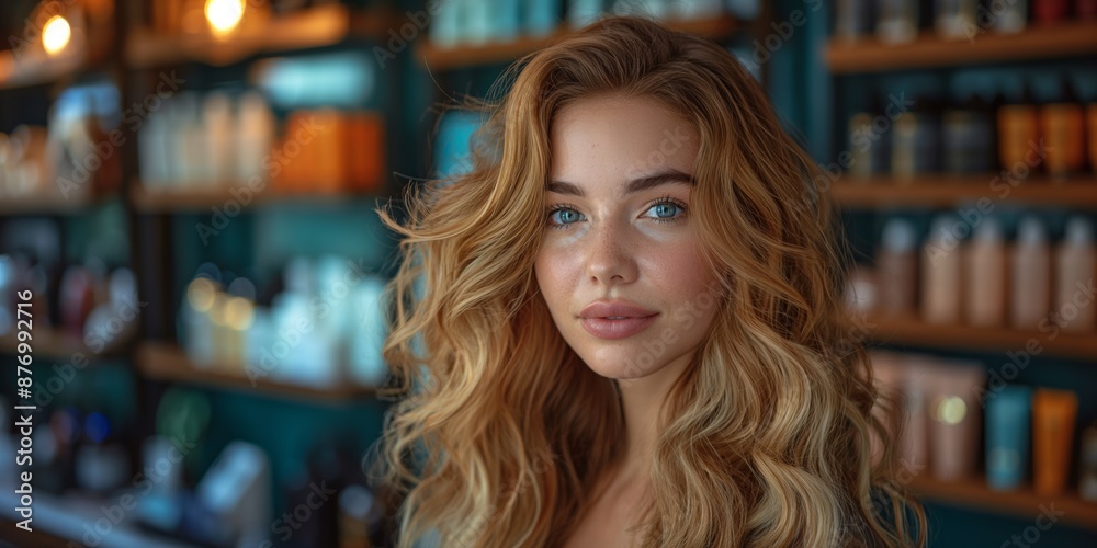 Stylish young woman with long red hair, makeup, and healthy skin, posing in a cosmetic shop. Stylish young woman with long red hair, makeup, and healthy skin, posing in a cosmetic shop.