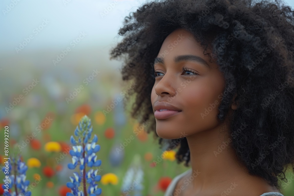 Naklejka premium Young woman in meadow, smiling happily with flowers, enjoying nature's beauty and freedom in summer.